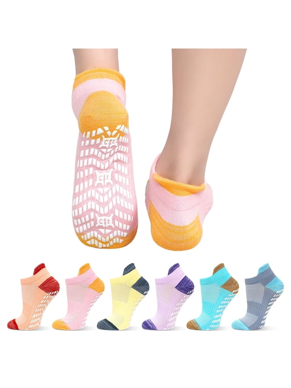 Non-Slip Grip Socks for Women Men, 6 Pair Cotton Non Slip Socks for Yoga, Pilates, Ballet, Hospital, Anti-Skid, Breathable