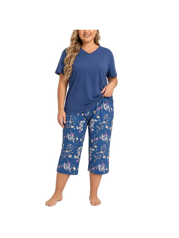 Plus Size Pajamas Set for Women,2 Piece Loungewear Set Floral Sleepwear for Spring Summer Fall,Soft Lightweigh V Neck Short Sleeve Top and Capri Pants, XL Navy Blue