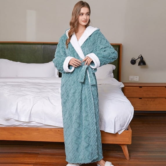 UNEEI Robes for Women Hooded Full-Length Womens Robes Soft Warm Women Bathrobes Green M