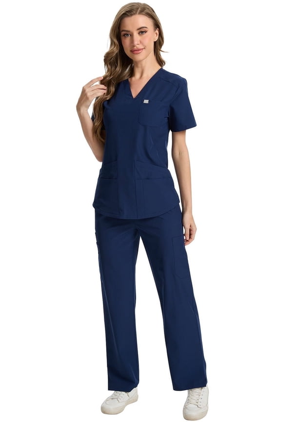 Scrubs for Women Set,Water-Resistant and Stain-Resistant Womens Scrubs, V-Neck Top and Drawstring Waist Pant with 7 Pockets