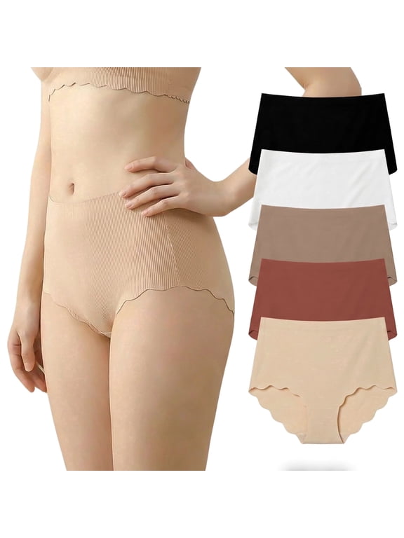 Seamless Underwear for Women - No Show Mid High Waisted Bikini Panties with Wave Edge, 5 Pack Comfortable Breathable Full Coverage Ladies Panties For Yoga, Workouts, Office