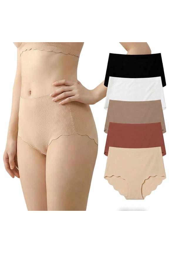 Seamless Underwear for Women - No Show Mid High Waisted Bikini Panties with Wave Edge, 5 Pack Comfortable Breathable Full Coverage Ladies Panties For Yoga, Workouts, Office