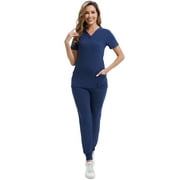 UNEEI Stretch Scrubs for Women Set, Medical Nursing Tops And Scrubs Jogger Pants,6 Pockets Modern womens scrub sets