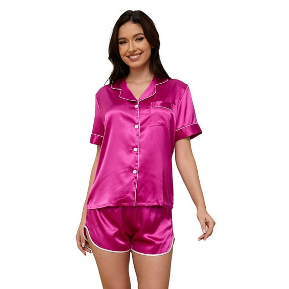 UNEEI Women Pajamas Set 2PC Silk Satin Lapel Sleepwear Short Sleeve Tops And Shorts Soft Button Down Women Loungewear Nightwear Pink M