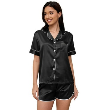 UNEEI Women  Satin Pajamas Set ,Silk Short Sleeve Tops and Shorts ,Soft Button Down Women  Nightwear