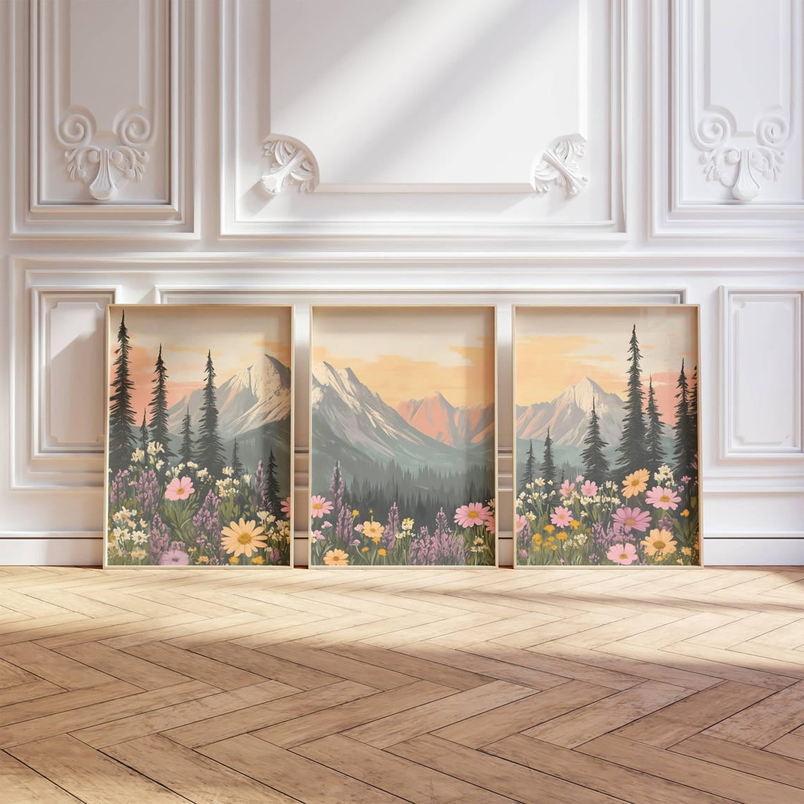 UNFFRAMED 3 Piece Mountain Daisy Wildflower Landscape Poster, Triptych ...