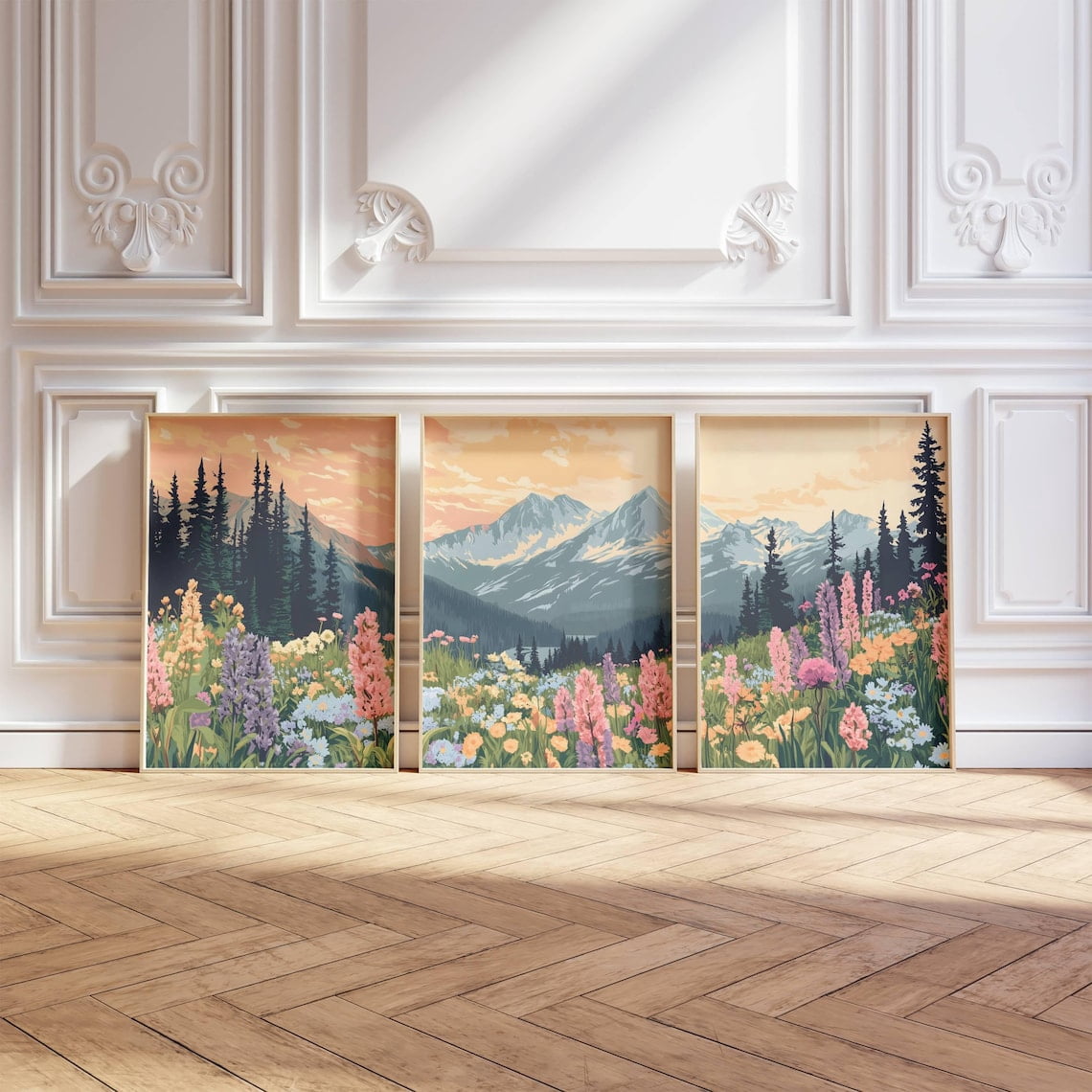 UNFFRAMED 3 Piece Mountain Daisy Wildflower Landscape Poster, Triptych ...