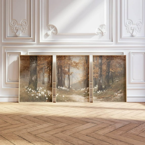UNFFRAMED 3 Piece Neutral Autumn Forest Poster Set Triptych Rustic Fall Countryside Art Vintage Vertical Landscape Farmhouse Decor Set 3 Prints 8x12
