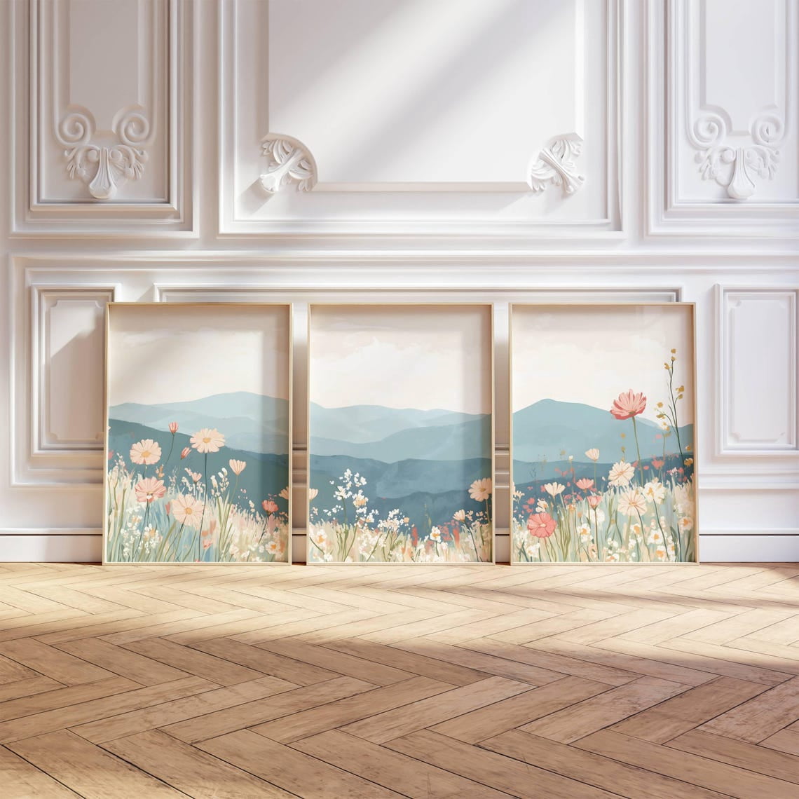 UNFFRAMED 3 Piece Pastel Mountain Daisy Wildflower Landscape Poster ...