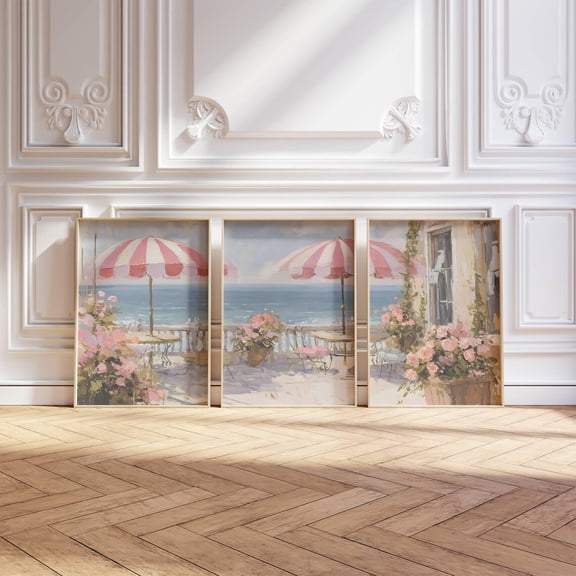 UNFFRAMED 3 Piece Pink Beachy Wall Art Poster Triptych Preppy Coquette Beach Posters Beachy Dorm Decor Preppy Summer House Decor Set 3 Prints 16x24