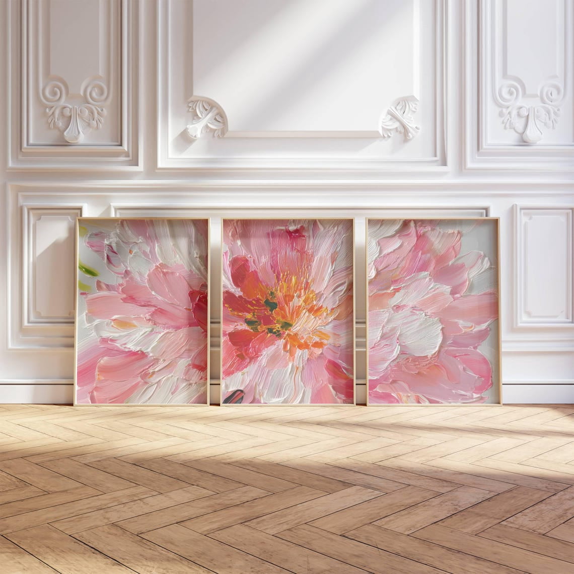 UNFFRAMED 3 Piece Pink Flowers Poster Triptych Blush Pastel Pink Floral ...
