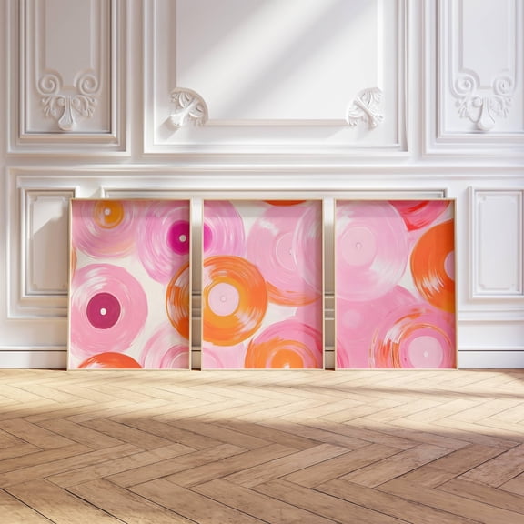 UNFFRAMED 3 Piece Pink Orange Red Vinyl Record Wall Art Triptych Retro Decor Y2K Girly Posters Trendy Pastel Art Set Set 3 Prints 16x24