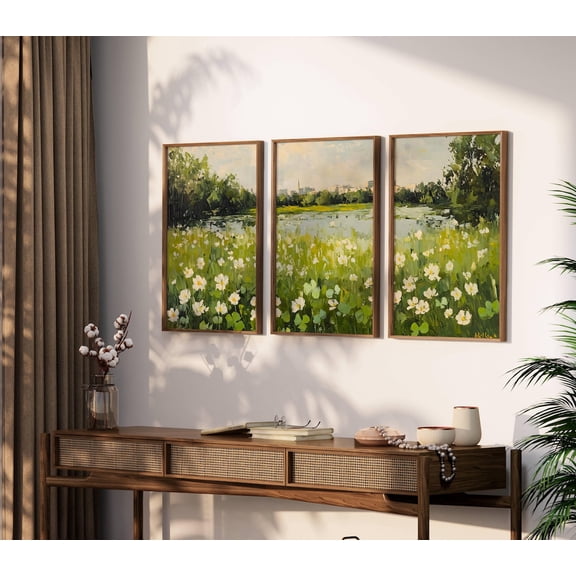 UNFFRAMED 3 Piece St Patricks Day Clover Field Poster, Triptych Shamrock Field Wall Art, Cottagecore Living Room Decor, Set 3 Prints 20x30
