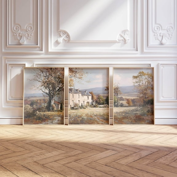 UNFFRAMED 3 Piece Vintage Country Landscape Poster Triptych Rustic Fall Countryside Scenery Wall Art Soft Neutral Farmhouse Decor Set 3 Prints 16x24
