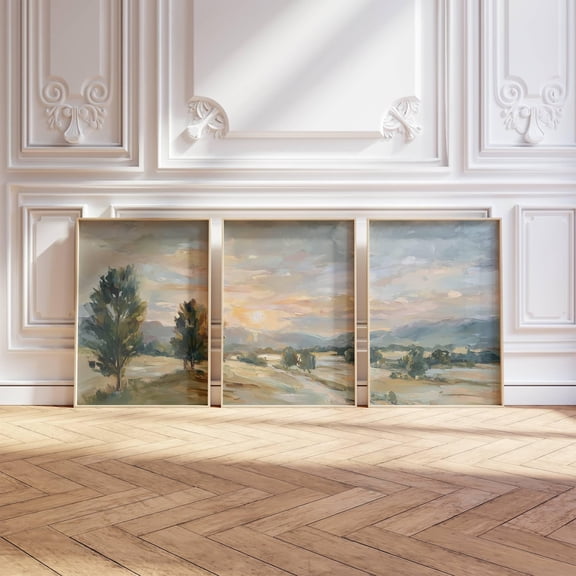 UNFFRAMED 3 Piece Vintage Fall Sunset Landscape Poster Triptych Muted Scenery Wall Art Soft Earthy Country Living Room Decor Set 3 Prints 8x12