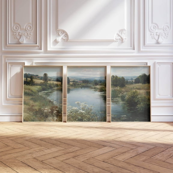 UNFFRAMED 3 Piece Vintage River Landscape Poster, Triptych Nature Wall Art, Green Landscape Living Room Decor, Set 3 Prints 8x12