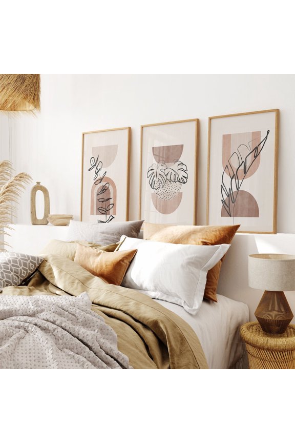 UNFFRAMED Abstract Botanical Set Of 3 Prints, Wall Art Above Bed, Calming Beige Mid Century, Boho Line Art Set, Abstract Plant Leaf Poster Set 3 Prints 16x24