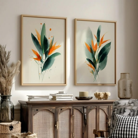 UNFFRAMED Abstract Botanical Wall Art Posters, Green, Orange, Sage Decor, Set Set 2 Prints 12x18