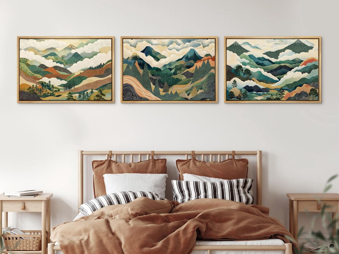 UNFFRAMED Abstract Mountain Landscape Wall Art Set Of 3 Boho Nature ...