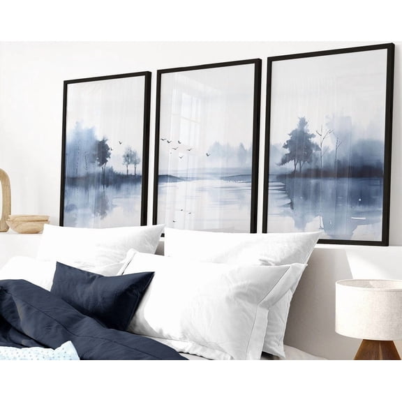 Luvia Abstract Nature Print, Landscapelakemoody Blue Landscape Poster, Set Of 3, Modern Wall Decor Set 3 Prints 8x12 UNFRAMED