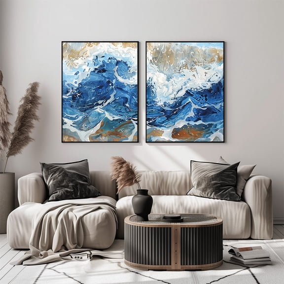 UNFFRAMED Abstract Ocean Waves Print Set, Modern Coastal Wall Art Set 2 Prints 20x30
