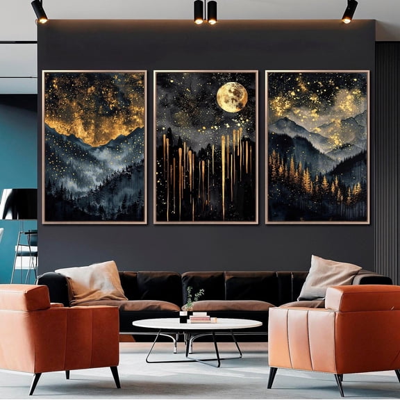 UNFFRAMED Abstract Starry Celestial Wall Art Set Of 3 Black And Gold Night Sky Posters Mountain Forest Wall Decor Ready To Hang Set 3 Prints 12x18