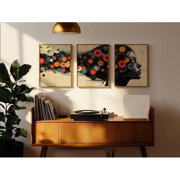 UNFFRAMED Abstract Vinyl Record Wall Art Set Of 3 Pieces Vintage Retro Music Lover Wall Decor Dj Home Decor Set 3 Prints 12x18