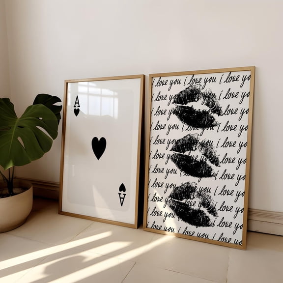 UNFFRAMED Ace Of Heart Card Print, Love Poster, Set Of 2 Trendy Print, Aesthetic Kiss Wall Art, Girly Apartment Decor, Trendy Bar Cart Art Set 2 Prints 8x12