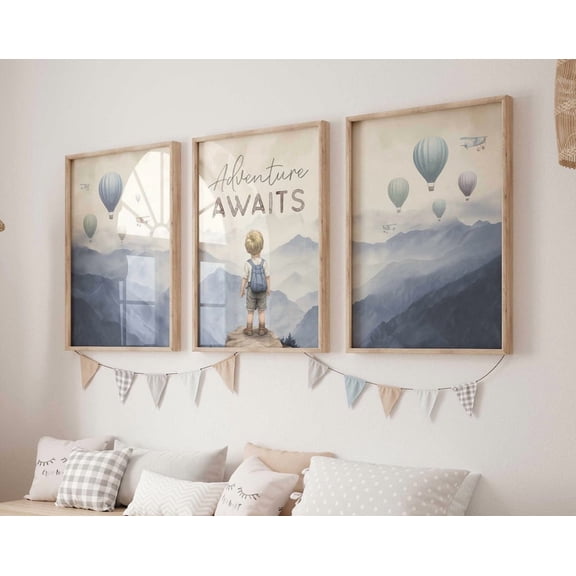 UNFFRAMED Adventure Awaits Adventure Boy, Boys Nursery Decor, Set Of 3, Mountains & Hot Air Balloons, Boys Playroom Decor, Modern Wall Decor Set 3 Prints 8x12