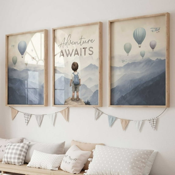 Luvia Adventure Awaits, Adventure Prints For Boy, Adventure Themed Nursery Posters Balloon, Set Of 3, Adventure Posters, Boys Room Decor, Modern Wall Decor Set 3 Prints 20x30 UNFRAMED