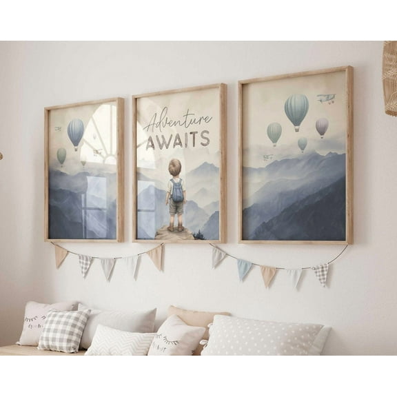 Luvia Adventure Awaits, Adventure Prints For Boy, Adventure Themed Nursery Posters Balloon, Set Of 3, Adventure Posters, Boys Room Decor, Modern Wall Decor Set 3 Prints 8x12 UNFRAMED