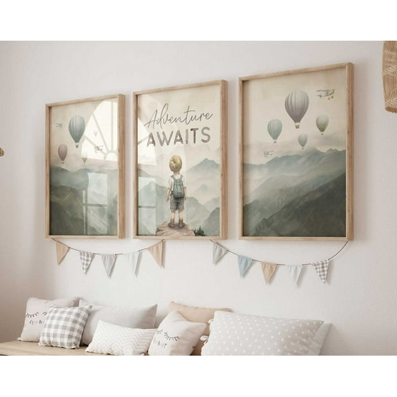 Luvia Adventure Awaits Nursery Boy, Adventure Quote, Little Boy Room Decor, Set Of 3, Baby Adventure Await, Adventure Print, Boy Art, Modern Wall Decor Set 3 Prints 16x24 UNFRAMED