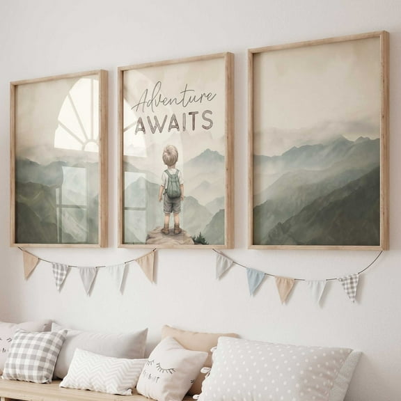 UNFFRAMED Adventure Awaits Print Set Of 3, Adventure Boy, Mountain Nursery Quote Nursery Art, Forest Toddler Room Decor, Nursery Art, Modern Wall Decor Set 3 Prints 8x12