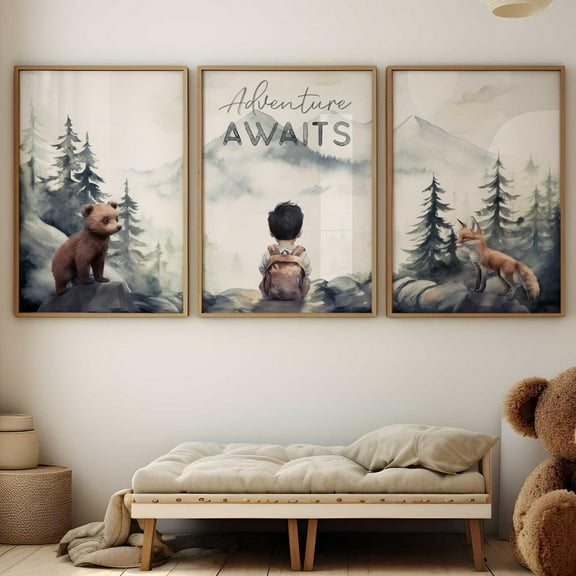 Luvia Adventure Awaits Woodland Animal, Nursery Quote Art, Set Of 3, Adventure Toddler Decor Boy, Fox Nursery Decor, Boy, Modern Wall Decor Set 3 Prints 12x18 UNFRAMED