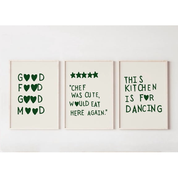 UNFFRAMED Aesthetic Kitchen Decor Heart Posters Trendy Chef Cute Cooking Prints Green Kitchen Art Set Of 3, Modern Wall Decor Set 3 Prints 16x24