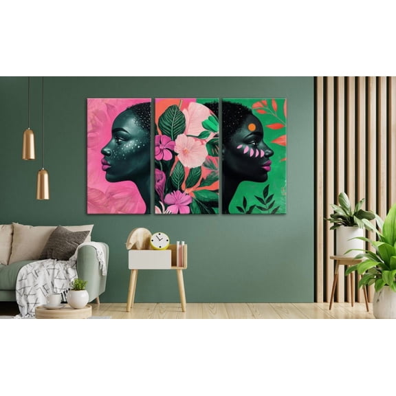 UNFFRAMED African Woman Wall Art, 3 Panel Abstract Portrait, Vibrant Pink Green Botanical, Modern Afrocentric Home Decor Set Set 3 Prints 20x30