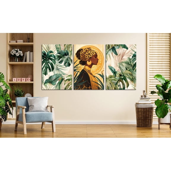 UNFFRAMED African Woman Wall Art Set, 3 Panel Botanical, Tropical Green Leaves Poster, Modern Ethnic Portrait, Boho Chic Living Room Decor Set 3 Prints 16x24