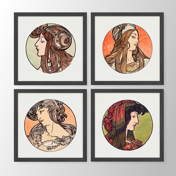 UNFFRAMED Alphonse Mucha Art Nouveau Poster Set, Gallery Wall Art Prints Set 4 Prints 16x24