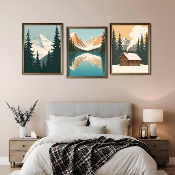 UNFFRAMED Alpine Lake Cabin Rocky Mountains Wall Art, Snow Landscape Poster Set 3 Prints 8x12