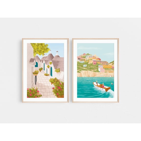 UNFFRAMED Amalfi Coast Poster, Puglia Wall Art, Travel Posters Set Of 2, Positano Poster, Alberobello, Positano Art Poster, Positano Poster Set 2 Prints 20x30