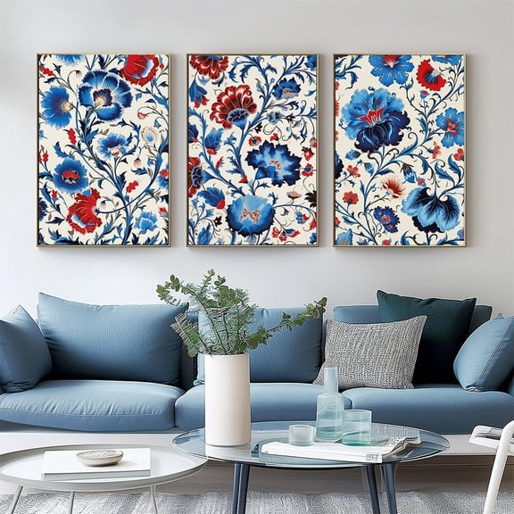 UNFFRAMED Anatolian Floral Wall Art Prints, Turkish Tile Set 3 Prints 16x24