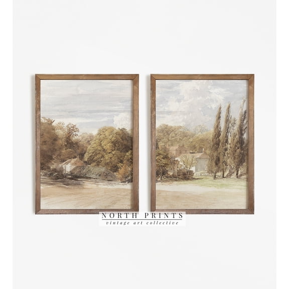 UNFFRAMED Antique European Landscape Poster Set Split 2 Panel, Muted, S2-27 Set 2 Prints 20x30
