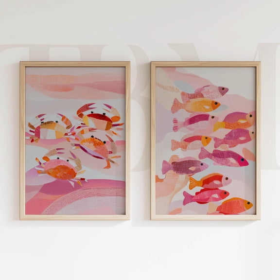 UNFFRAMED Art Bundle, Crab And Fish Mosaic Wall Art, Pink Ocean Prints, Tropical Sea Decor Set 2 Prints 8x12