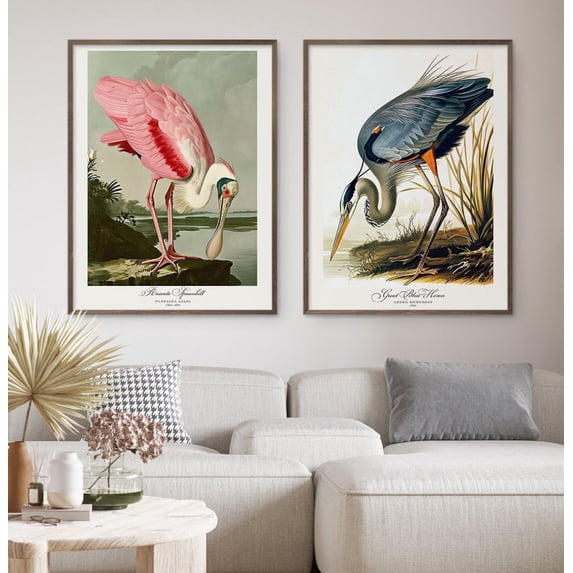 UNFFRAMED Audubon Style Bird Poster Set, Roseate Spoonbill Great Blue Heron, Vintage Nature Poster, Retro Wildlife Wall Art Home Decor Bird Lovers Set 2 Prints 12x18