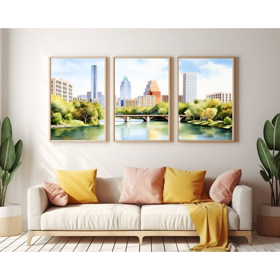 UNFFRAMED Austin Skyline Poster Set Of 3, Texas Cityscape Wall Art, Downtown Decor, Lone Star State Artwork, Hill Country Travel Poster Set 3 Prints 12x18