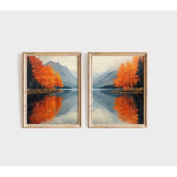 UNFFRAMED Autumn Lake And Mountain Diptych, Set Of 2 Wall Art, Fall Landscape Posters, Rustic Cottagecore Decor, Vintage 12 Set 2 Prints 16x24