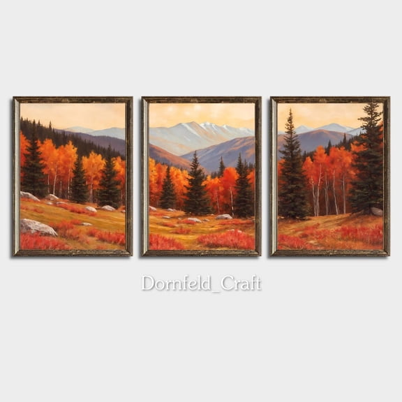 UNFFRAMED Autumn Mountain Triptych Wall Art, Prints, Rustic Landscape Poster Decor Set 3 Prints 8x12