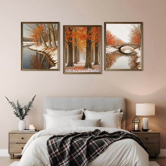 UNFFRAMED Autumn Winter Landscape Wall Art, Bridge River Maple Trees Poster Prints Decoration Set 3 Prints 16x24