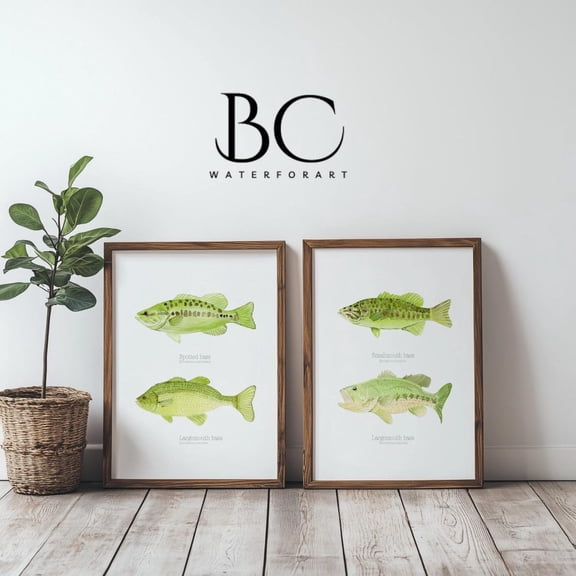 Luvia Bass Print, Bass Fish Art, Set Of 2 Fish, Bass Print Set, Man Cave Decor, Fishing Print, Lakehouse Decor, Modern Wall Decor Set 2 Prints 8x12 UNFRAMED