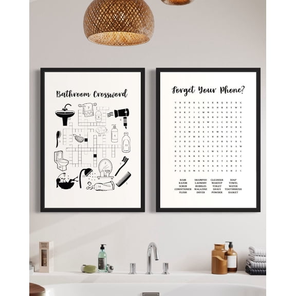 UNFFRAMED Bathroom Posters Set, Crossword & Wordsearch Wall Art Set 2 Prints 12x18